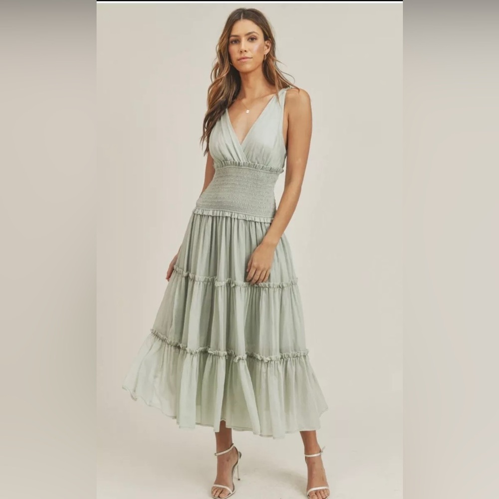 NWT Mable  Persephone Maxi Dress Summer Green Sz Small Smocked Waist